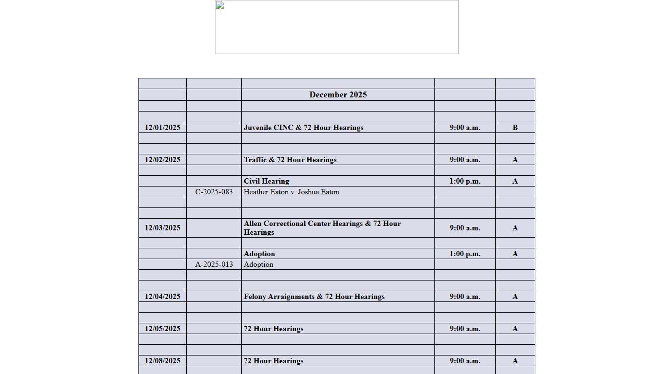 Division A Docket - 33rd Judicial District Court of Louisiana