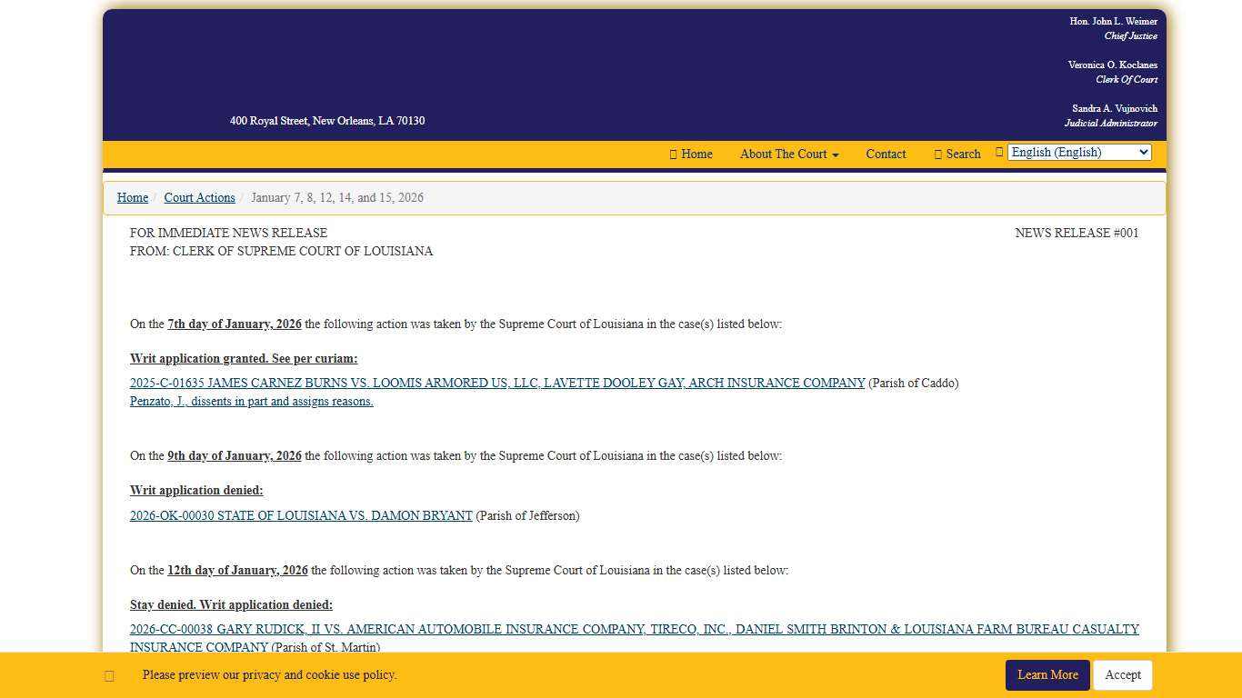 January 7, 8, 12, 14, and 15, 2026 - Actions - Louisiana Supreme Court